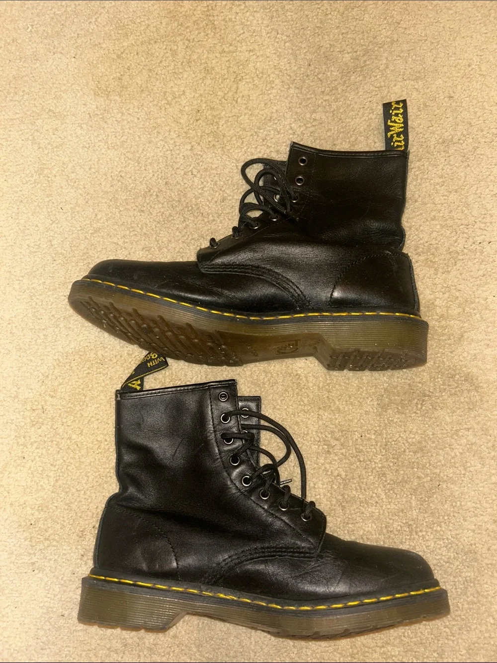 Unisex Dr. Martens 1460 Black Leather Lace-Up Boots with Yellow Stitching